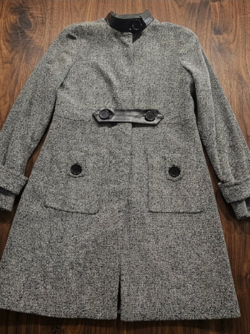 bebe Gray Herringbone Pea Coat with Black Faux Leather Trim